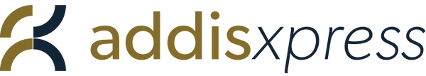 AddisXpress logo with a stylized letter 'K' in gold and black on a white background